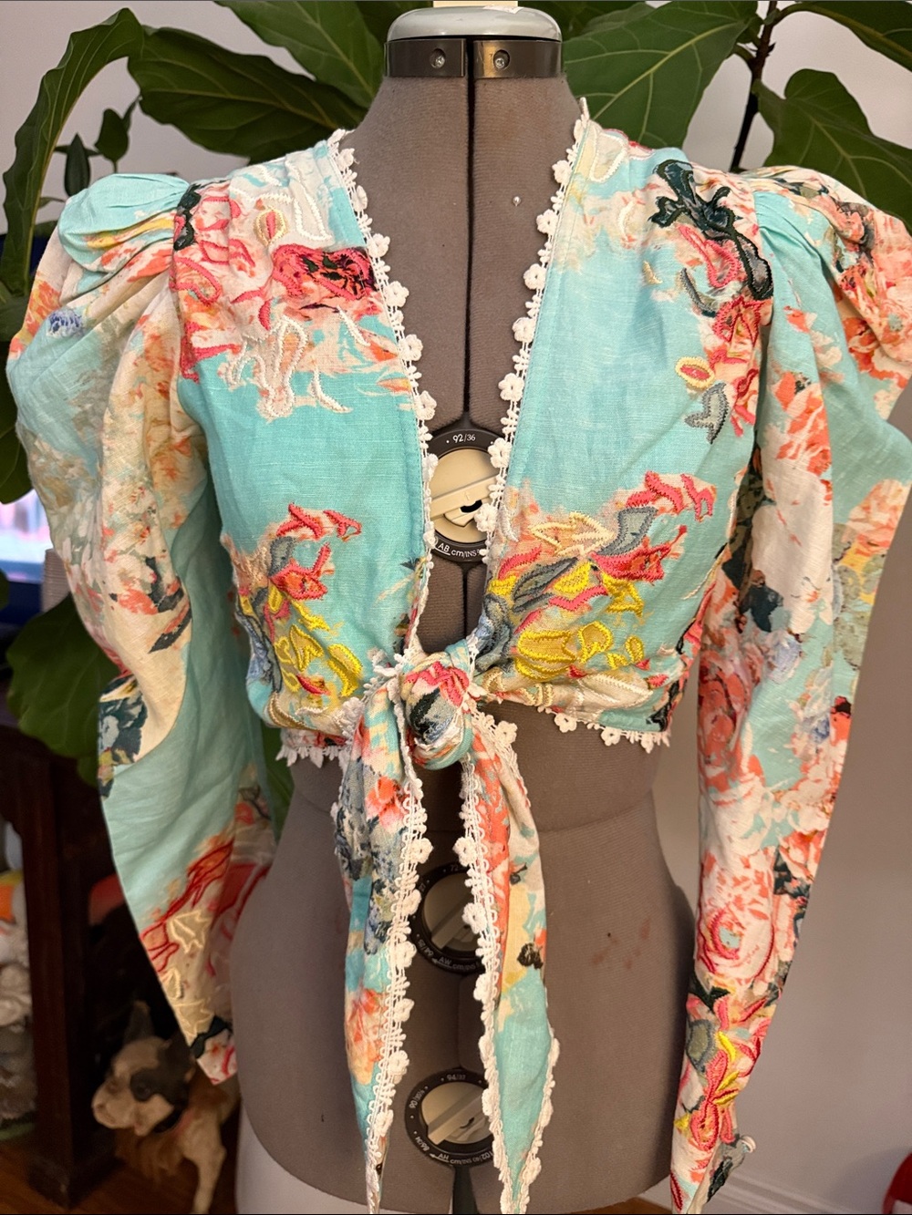 HEMANT & NANDITA Aqua Floral Embroidered Tie-Front Crop Top